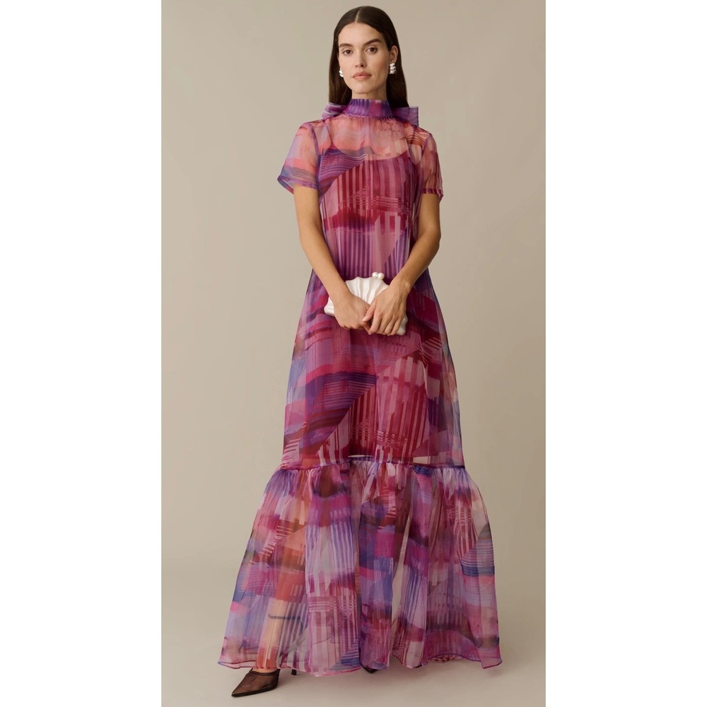 Few Moda CAARA Women XL Bronze Purple Abstract Sheer Tiered Maxi Dress NWT